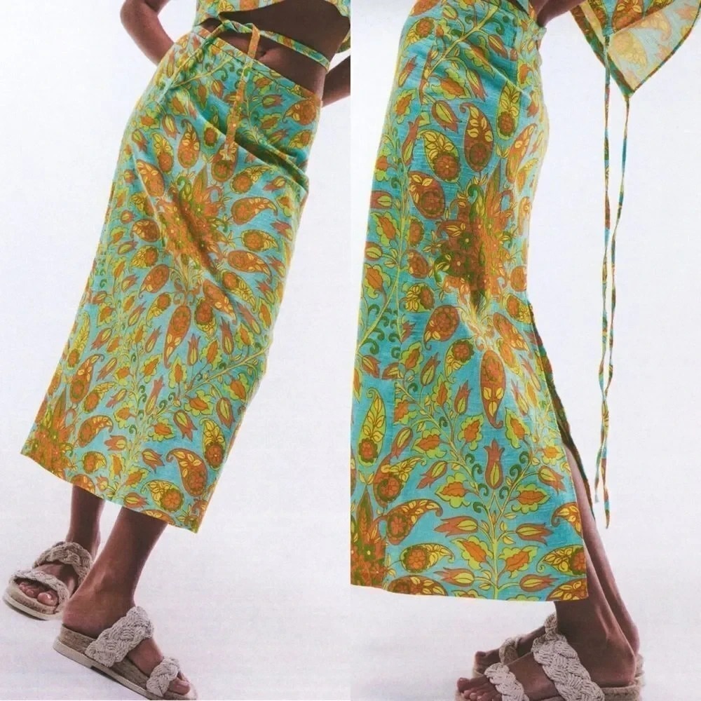 Zara Womens Tropical Paisley Printed Tie Back Maxi Skirt Size XL
